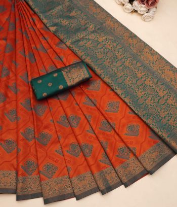 FASHIONABLE BANARASI SOFT SILK ZARI WEAVING BORDER WORK SAREE WITH UNSTITCHED BLOUSE ORANGE