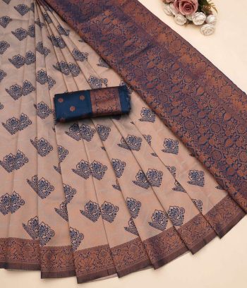 FASHIONABLE BANARASI SOFT SILK ZARI WEAVING BORDER WORK SAREE WITH UNSTITCHED BLOUSE CREAM