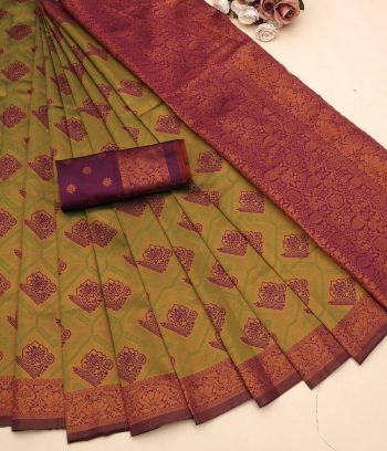 FASHIONABLE BANARASI SOFT SILK ZARI WEAVING BORDER WORK SAREE WITH UNSTITCHED BLOUSE MEHNDI