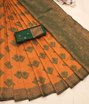 FASHIONABLE BANARASI SOFT SILK ZARI WEAVING BORDER WORK SAREE WITH UNSTITCHED BLOUSE ORANGE