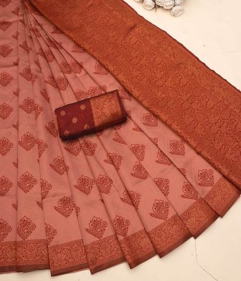 FASHIONABLE BANARASI SOFT SILK ZARI WEAVING BORDER WORK SAREE WITH UNSTITCHED BLOUSE PEACH