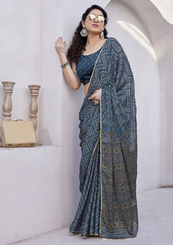 FASHIONABLE BLACK CHAINA FOIL PRINTED SAREE WITH UNSTITCHED BLOUSE BLUE
