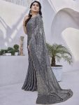 FASHIONABLE BLACK CHAINA FOIL PRINTED SAREE WITH UNSTITCHED BLOUSE GREY