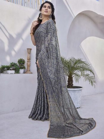 FASHIONABLE BLACK CHAINA FOIL PRINTED SAREE WITH UNSTITCHED BLOUSE GREY