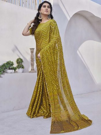 FASHIONABLE BLACK CHAINA FOIL PRINTED SAREE WITH UNSTITCHED BLOUSE MUSTARD