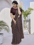 FASHIONABLE BLACK CHAINA FOIL PRINTED SAREE WITH UNSTITCHED BLOUSE COFFEE