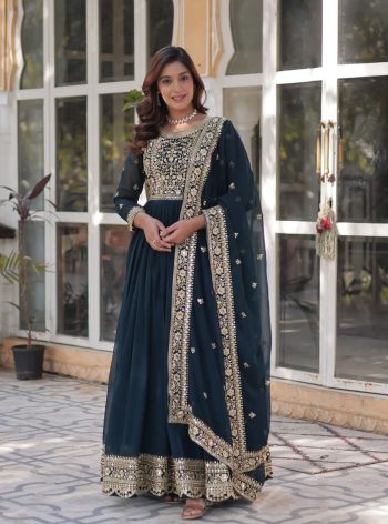 FASHIONABLE BLOOMING GEORGETTE EMBROIDERY ZARI SEQUENCE GOWN WITH DUPATTA TEAL