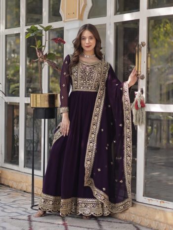 FASHIONABLE BLOOMING GEORGETTE EMBROIDERY ZARI SEQUENCE GOWN WITH DUPATTA WINE