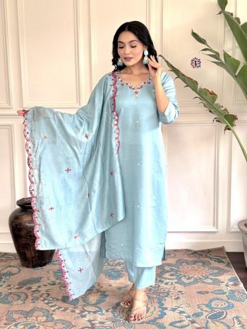FASHIONABLE CHANDERI SILK EMBROIDERY WORK TOP BOTTOM WITH DUPATTA SKY