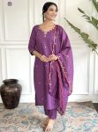 FASHIONABLE CHANDERI SILK EMBROIDERY WORK TOP BOTTOM WITH DUPATTA LAVENDER