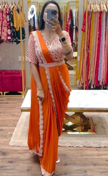 FASHIONABLE CHINON CODING EMBROIDERY SEQUENCE WORK READY TO WEAR SAREE BELT WITH STITCHED BLOUSE ORANGE