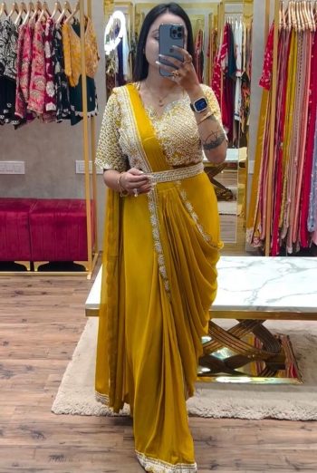 FASHIONABLE CHINON CODING EMBROIDERY SEQUENCE WORK READY TO WEAR SAREE BELT WITH STITCHED BLOUSE YELLOW
