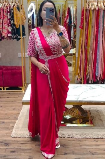 FASHIONABLE CHINON CODING EMBROIDERY SEQUENCE WORK READY TO WEAR SAREE BELT WITH STITCHED BLOUSE RANI