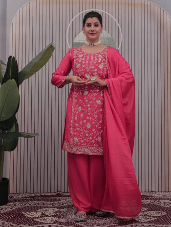 FASHIONABLE CHINON CODING SEQUENCE EMBROIDERY WORK TOP PALAZZO WITH DUPATTA PINK