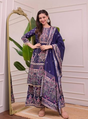 FASHIONABLE CHINON DIGITAL PRINTED HANDWORK TOP PALAZZO WITH DUPATTA BLUE