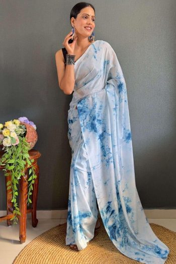 FASHIONABLE CHINON DIGITAL PRINTED READY TO WEAR SAREE WITH UNSTITCHED BLOUSE SKY