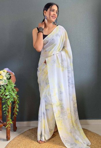FASHIONABLE CHINON DIGITAL PRINTED READY TO WEAR SAREE WITH UNSTITCHED BLOUSE WHITE