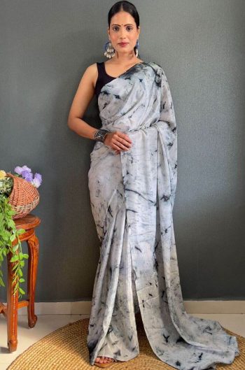 FASHIONABLE CHINON DIGITAL PRINTED READY TO WEAR SAREE WITH UNSTITCHED BLOUSE GREY