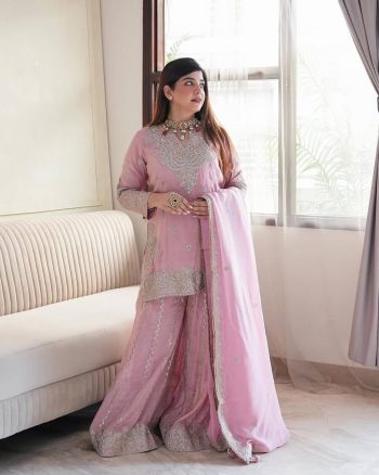 FASHIONABLE CHINON EMBROIDERY SEQUENCE MOTI WORK TOP PALAZZO WITH DUPATTA BABY PINK