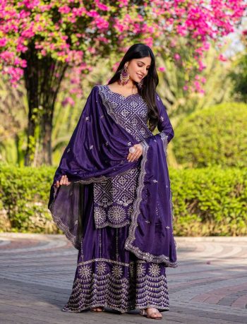 FASHIONABLE CHINON EMBROIDERY THREAD SEQUENCE WORK TOP PALAZZO WITH DUPATTA PURPLE