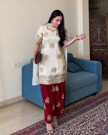 FASHIONABLE CHINON SILK EMBROIDERY SEQUENCE LACE WORK TOP PALAZZO WITH DUPATTA WHITE