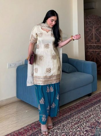 FASHIONABLE CHINON SILK EMBROIDERY SEQUENCE LACE WORK TOP PALAZZO WITH DUPATTA WHITE