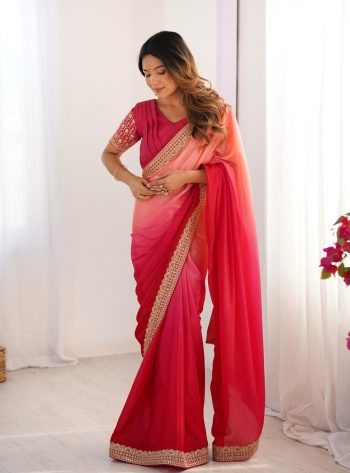 FASHIONABLE CHINON SILK THREAD SEQUENCE LACE WORK SAREE WITH UNSTITCHED BLOUSE RED
