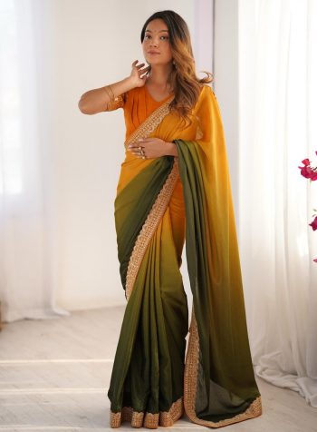 FASHIONABLE CHINON SILK THREAD SEQUENCE LACE WORK SAREE WITH UNSTITCHED BLOUSE YELLOW
