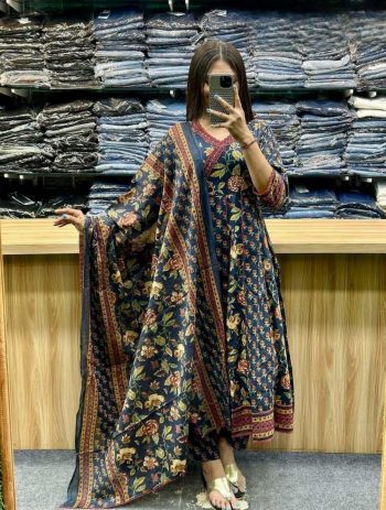 FASHIONABLE COTTON PRINTED LACE WORK ANARKALI GOWN BOTTOM WITH DUPATTA BLUE