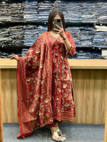 FASHIONABLE COTTON PRINTED LACE WORK ANARKALI GOWN BOTTOM WITH DUPATTA RED