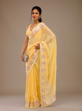 FASHIONABLE CRUNCHY EMBROIDERY SEQUENCE THREAD WORK SAREE WITH UNSTITCHED BLOUSE YELLOW