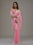 FASHIONABLE CRUNCHY EMBROIDERY SEQUENCE THREAD WORK SAREE WITH UNSTITCHED BLOUSE PINK