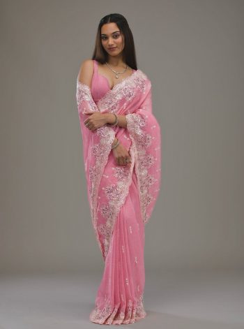 FASHIONABLE CRUNCHY EMBROIDERY SEQUENCE THREAD WORK SAREE WITH UNSTITCHED BLOUSE PINK