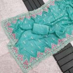 FASHIONABLE CRUNCHY EMBROIDERY SEQUENCE THREAD WORK SAREE WITH UNSTITCHED BLOUSE PARTY WEAR WHOLESALE PRICE ETHNIC GARMENT 2 (2)