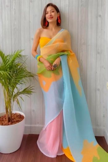 FASHIONABLE CRUSH MULTI COLOR DIGITAL PRINTED PLAIN SAREE WITH UNSTITCHED BLOUSE MULTI
