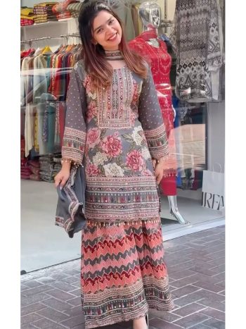 FASHIONABLE GEORGETTE DIGITAL PRINT WITH REAL MIRROR HAND WORK TOP PALAZZO WITH DUPATTA GREY