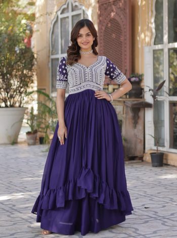 FASHIONABLE GEORGETTE EMBROIDERY BEADS SEQUENCE WORK STITCHED TOP WITH LEHENGA PURPLE