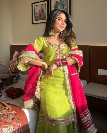 FASHIONABLE GEORGETTE EMBROIDERY SEQUENCE THREAD WORK TOP PALAZZO WITH DUPATTA PARROT GREEN