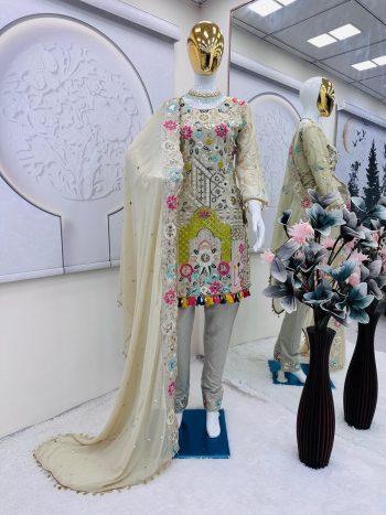 FASHIONABLE GEORGETTE EMBROIDERY THREAD SEQUENCE WORK TOP BOTTOM WITH DUPATTA OFF WHITE