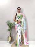 FASHIONABLE GEORGETTE PRINTED SEQUENCE CUT WORK BORDER SAREE WITH UNSTITCHED BLOUSE WHITE