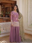 FASHIONABLE GEORGETTE THREAD SEQUENCE EMBROIDERY WORK TOP PALAZZO WITH DUPATTA PINK