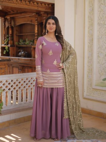 FASHIONABLE GEORGETTE THREAD SEQUENCE EMBROIDERY WORK TOP PALAZZO WITH DUPATTA PINK