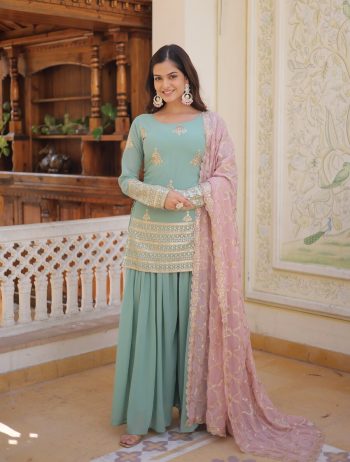 FASHIONABLE GEORGETTE THREAD SEQUENCE EMBROIDERY WORK TOP PALAZZO WITH DUPATTA SKY