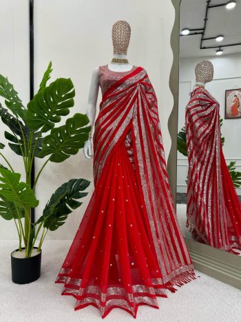 FASHIONABLE GEORGETTE THREAD SEQUENCE WORK SAREE WITH UNSTITCHED BLOUSE RED