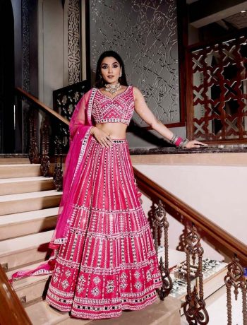 FASHIONABLE HEAVY SLUB THREAD & PAPER MIRROR WORK LEHENGA CHOLI WITH DUPATTA PINK