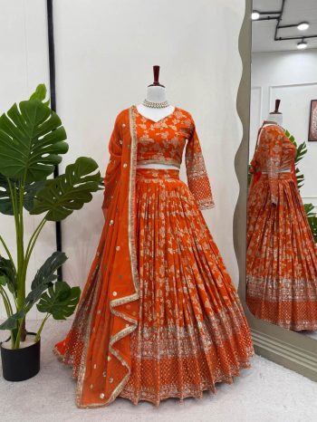 FASHIONABLE JACQUARD THREAD SEQUENCE WORK LEHENGA CHOLI WITH DUPATTA ORANGE