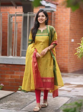 FASHIONABLE MIX COTTON WITH JACQUARD WORK TOP WITH DUPATTA MUSTARD