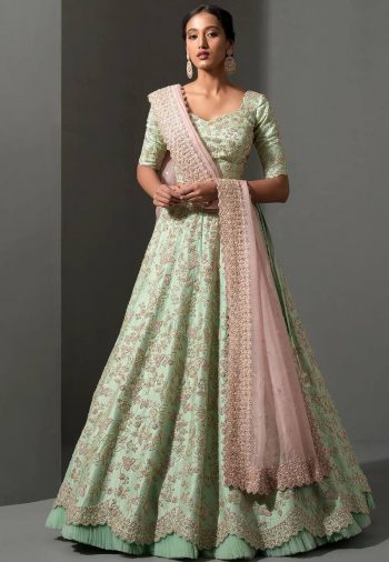 FASHIONABLE MULBERRY SILK THREAD SEQUENCE RUFFLE WORK LEHENGA CHOLI WITH DUPATTA MINT