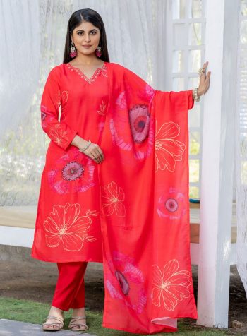 FASHIONABLE MUSLIN FLORAL PRINTED HAND WORK TOP BOTTOM WITH DUPATTA RED