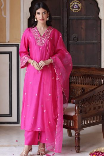 FASHIONABLE CHANDERI SILK EMBROIDERY WORK TOP BOTTOM WITH DUPATTA PINK